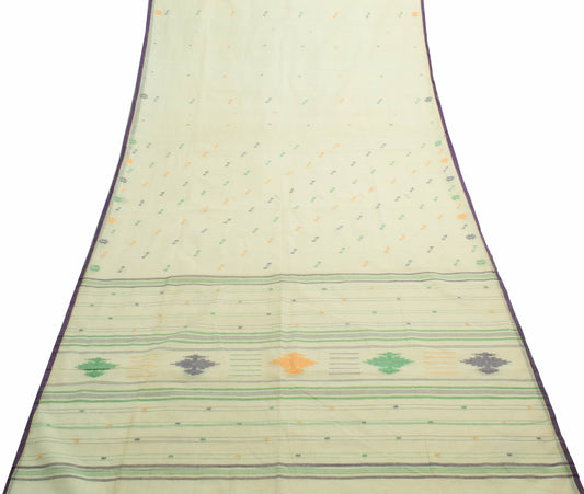 Sushila Vintage Cream 100% Pure Cotton Saree Tant Woven Floral Sari Craft Fabric