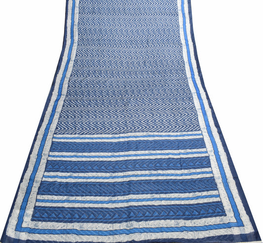 Sushila Vintage Blue White Silk Saree Zig Zag Printed Hand Block Printed Fabric