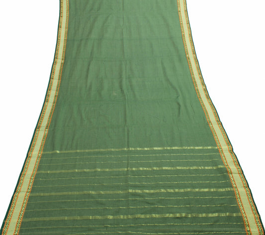 Sushila Vintage Bottle Green Silk Saree Stripes Woven Soft Sari Craft Fabric
