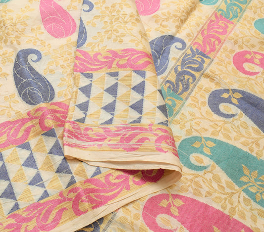 Sushila Vintage Cream 100% Pure Silk Saree Woven Paisley Traditional Sari Fabric