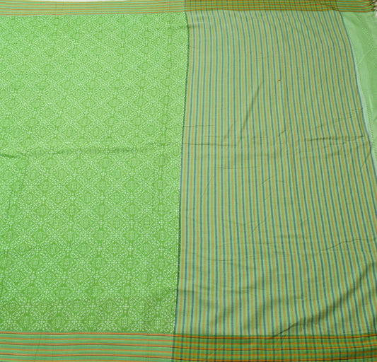 Sushila Vtg Green Floral Saree Pure cotton Printed with Woven Border Sari Fabric