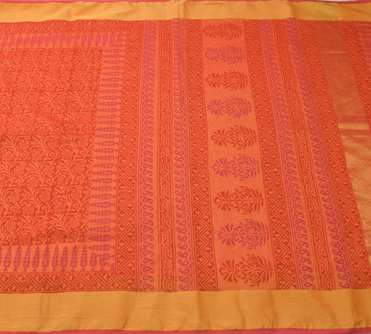 Sushila Vintage Red Orange Cotton Saree Hand Block Printed Floral Sari Fabric