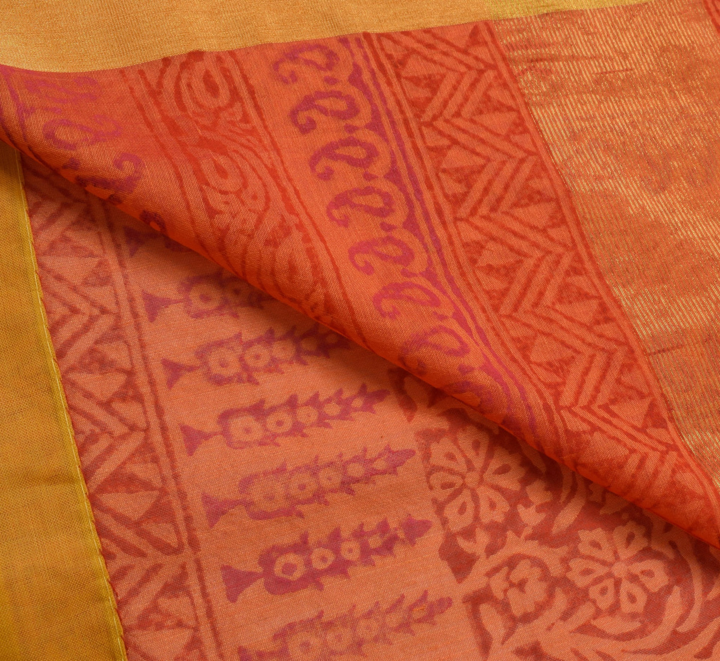 Sushila Vintage Red Orange Cotton Saree Hand Block Printed Floral Sari Fabric