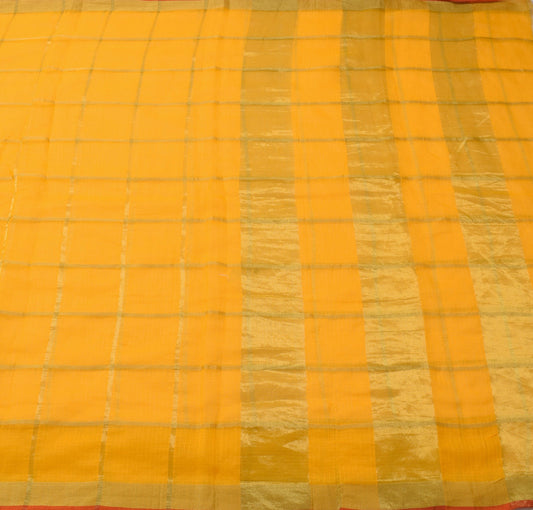 Sushila Vintage Orange Silk Saree Checks Woven Traditional Wedding Sari Fabric