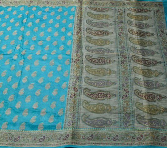 Sushila Vintage Turquoise Blue Saree Pure Silk Paisley Woven Sari Craft Fabric
