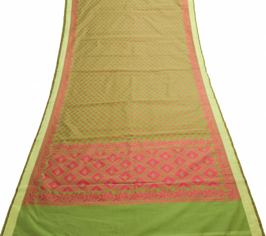 Sushila Vintage Green Silk Saree with Contrast Color Floral Woven Sari Fabric