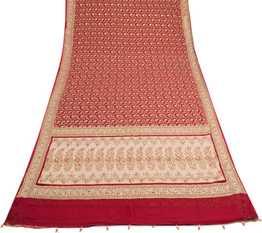 Sushila Vintage Red Heavy Saree Pure Banarasi Georgette Sequins Sari Fabric
