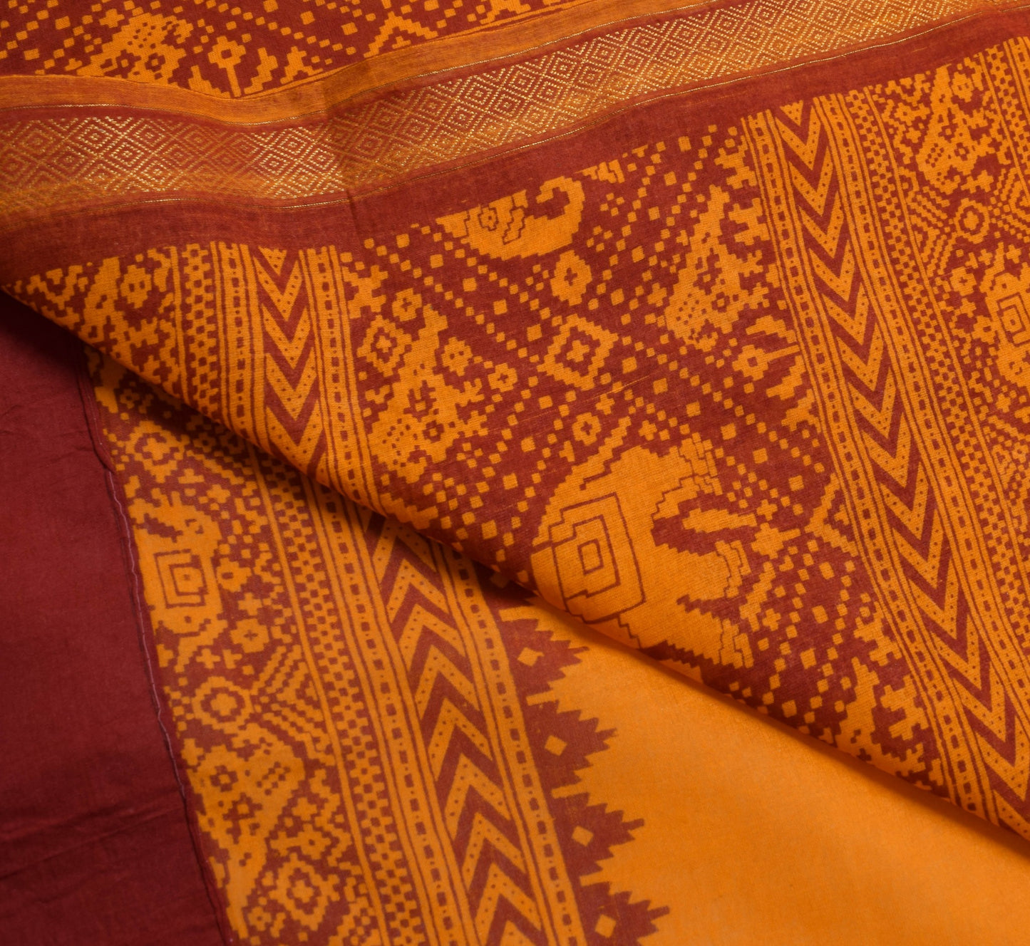 Sushila Vintage Bright Orange Saree 100% Pure Cotton Patola Print Sari Fabric