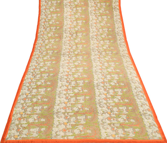 Sushila Vintage Green Saree Handmade kalamkari Animal Printed Soft Sari Fabric
