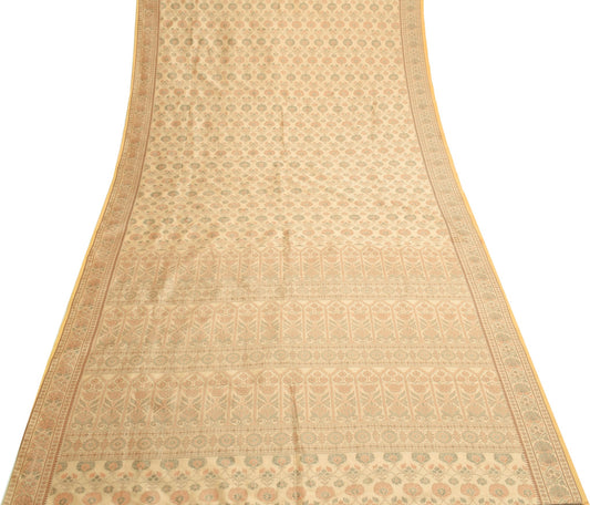 Sushila Vintage Beige Saree Art Silk All Over Woven Floral Classy Sari Fabric