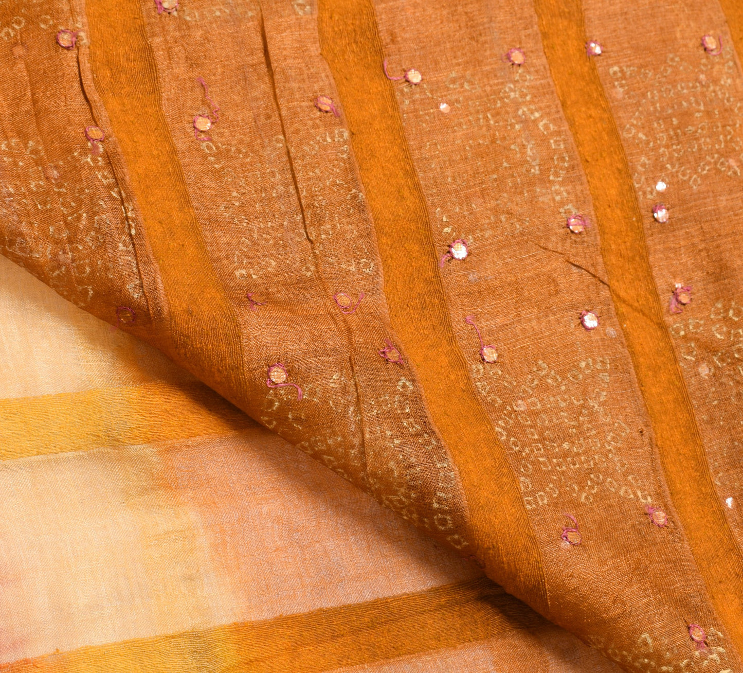 Sushila Vintage Rust Saree 100% Pure Silk Bandhani Mirror Work Sari Craft Fabric