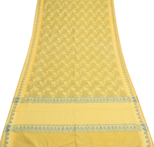 Sushila Vintage Yellow Saree Aer Silk All Over Woven Floral Sari Indian Fabric