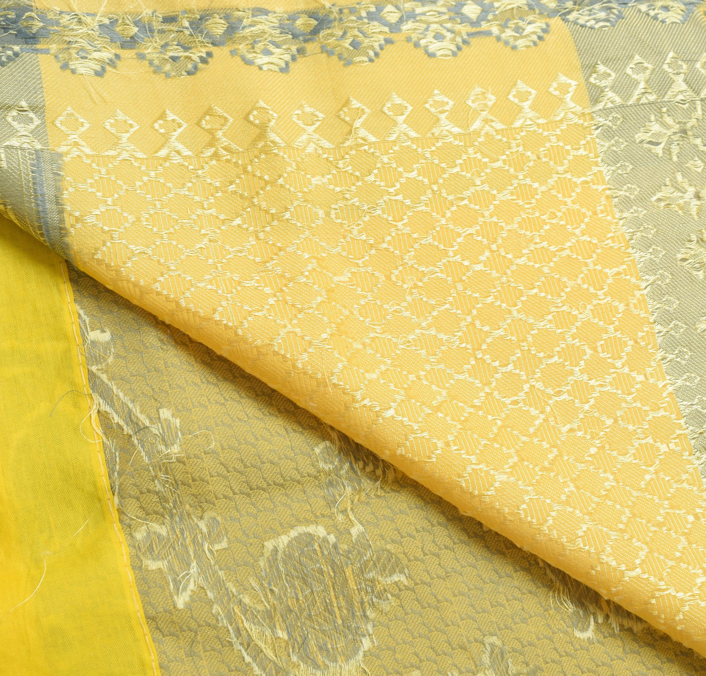 Sushila Vintage Yellow Saree Aer Silk All Over Woven Floral Sari Indian Fabric