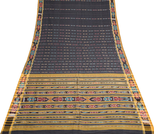 Sushila Vintage Black Saree Hand Woven Odisha Single Ikat Sari Cotton Fabric