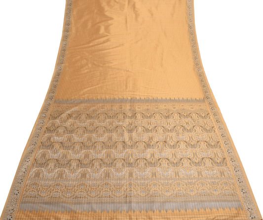 Sushila Vintage Peach Checks Saree Art Silk Woven Traditional Sari Craft Fabric