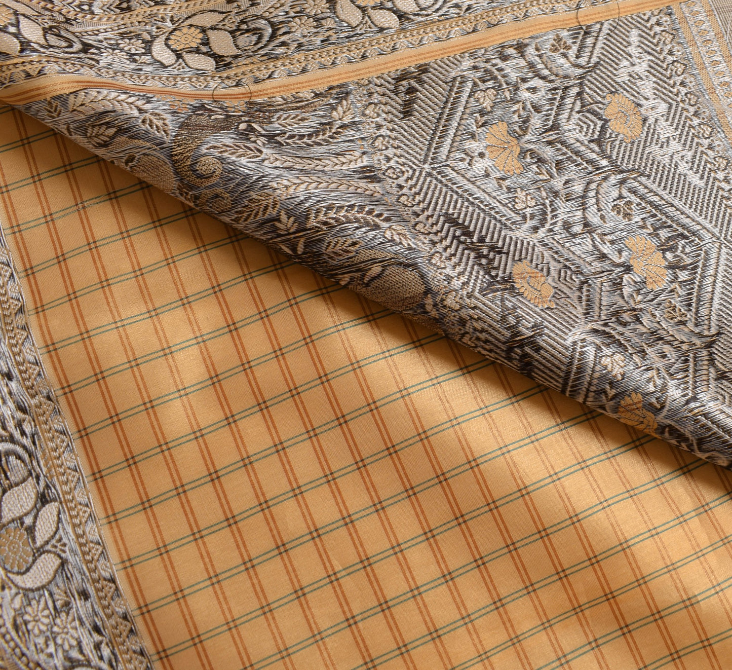 Sushila Vintage Peach Checks Saree Art Silk Woven Traditional Sari Craft Fabric