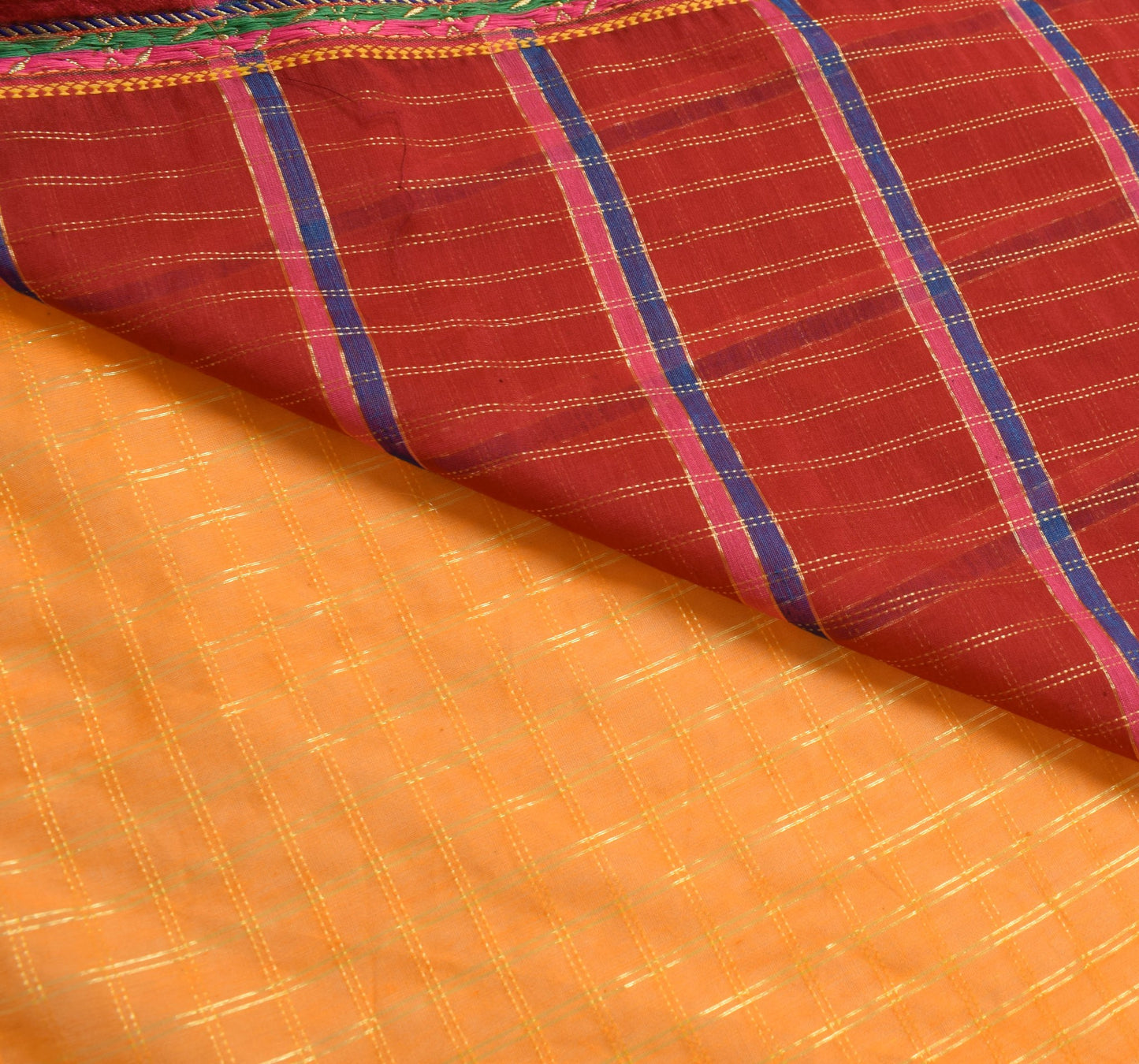 Sushila Vintage Orange Checks Saree Border Pure Cotton Banarasi Zari Sari Fabric