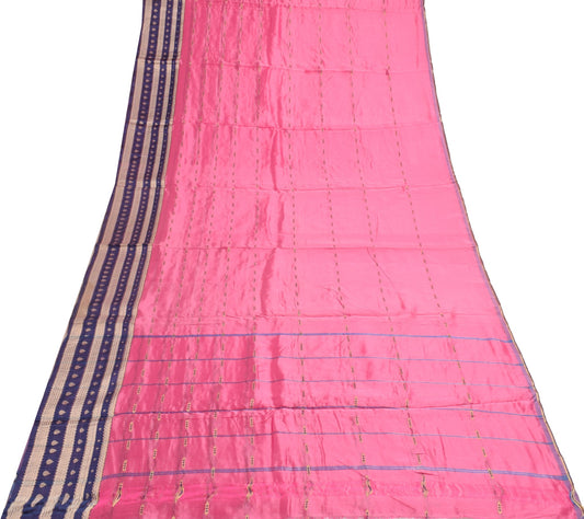 Sushila Vintage Pink Saree with Blue Brocade Border 100% Pure Silk Sari Fabric