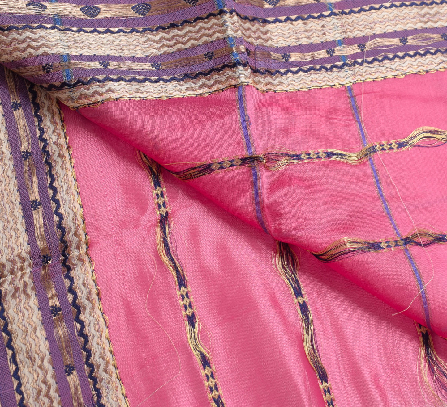 Sushila Vintage Pink Saree with Blue Brocade Border 100% Pure Silk Sari Fabric