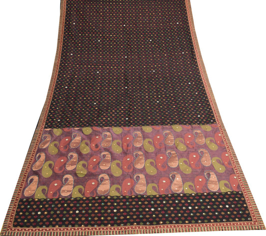 Sushila Vintage Black Woven Saree Art Cotton Silk Stone Mirror Work Sari Fabric