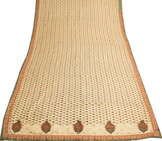 Sushila Vintage Cream Floral Saree 100%Pure Woolen Printed 5YD Sari Craft Fabric