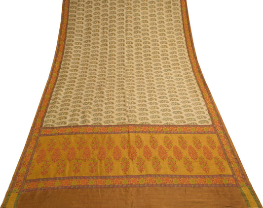 Sushila Vintage Cream Saree 100% Pure Woolen Floral Printed Sari Warm Fabric