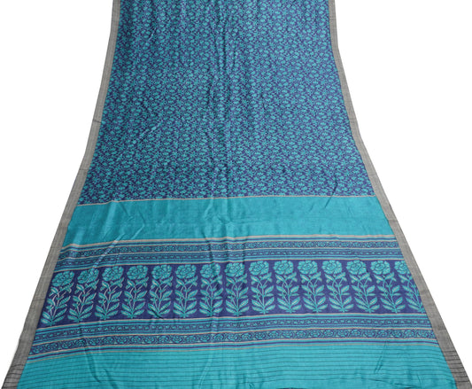 Sushila Vintage Blue Pure Woolen Saree Floral Printed Soft Warm Branded Fabric