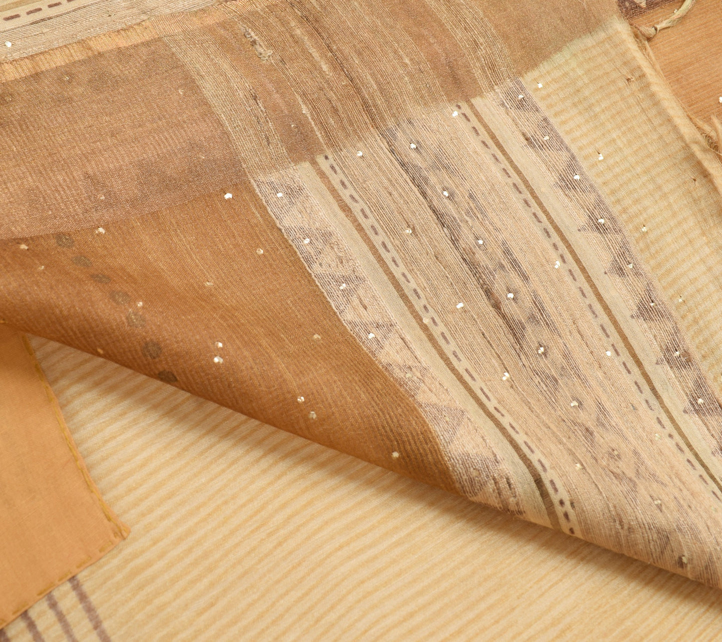 Sushila Vintage Beige Saree Pure Silk Hand Block Printed IndianSari Craft Fabric