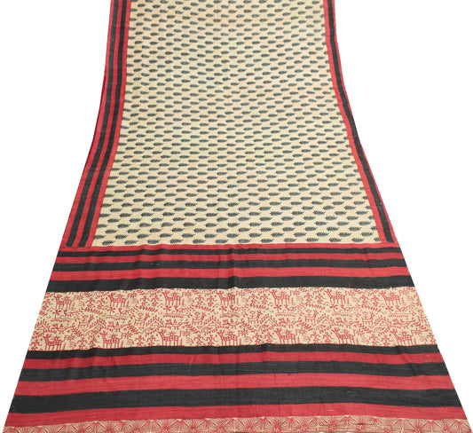 Sushila Vintage Pure Khadi Silk Saree Cream Printed & Woven Handloom Sari Fabric
