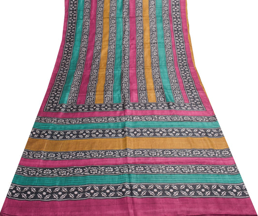 Sushila Vintage Multi-Color Saree Pure Tussar Silk Hand Block Print Sari Fabric