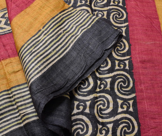 Sushila Vintage Multi-Color Saree Pure Tussar Silk Hand Block Print Sari Fabric