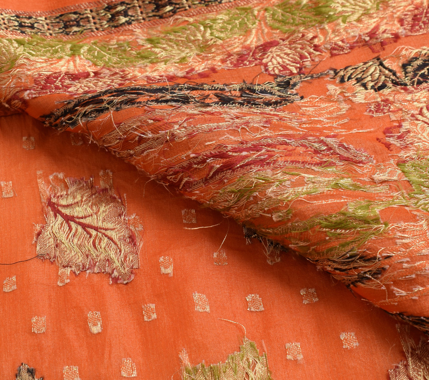 Sushila Vintage Orange Floral Saree Pure Tussar Silk All Over Woven Sari Fabric