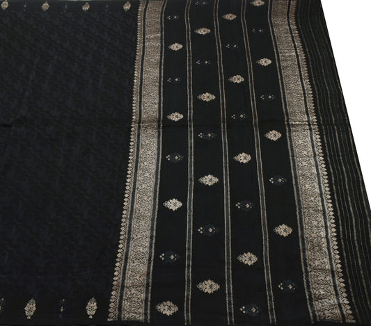 Sushila Vintage Black Saree 100%Pure Silk All Over Woven Floral Soft Sari Fabric