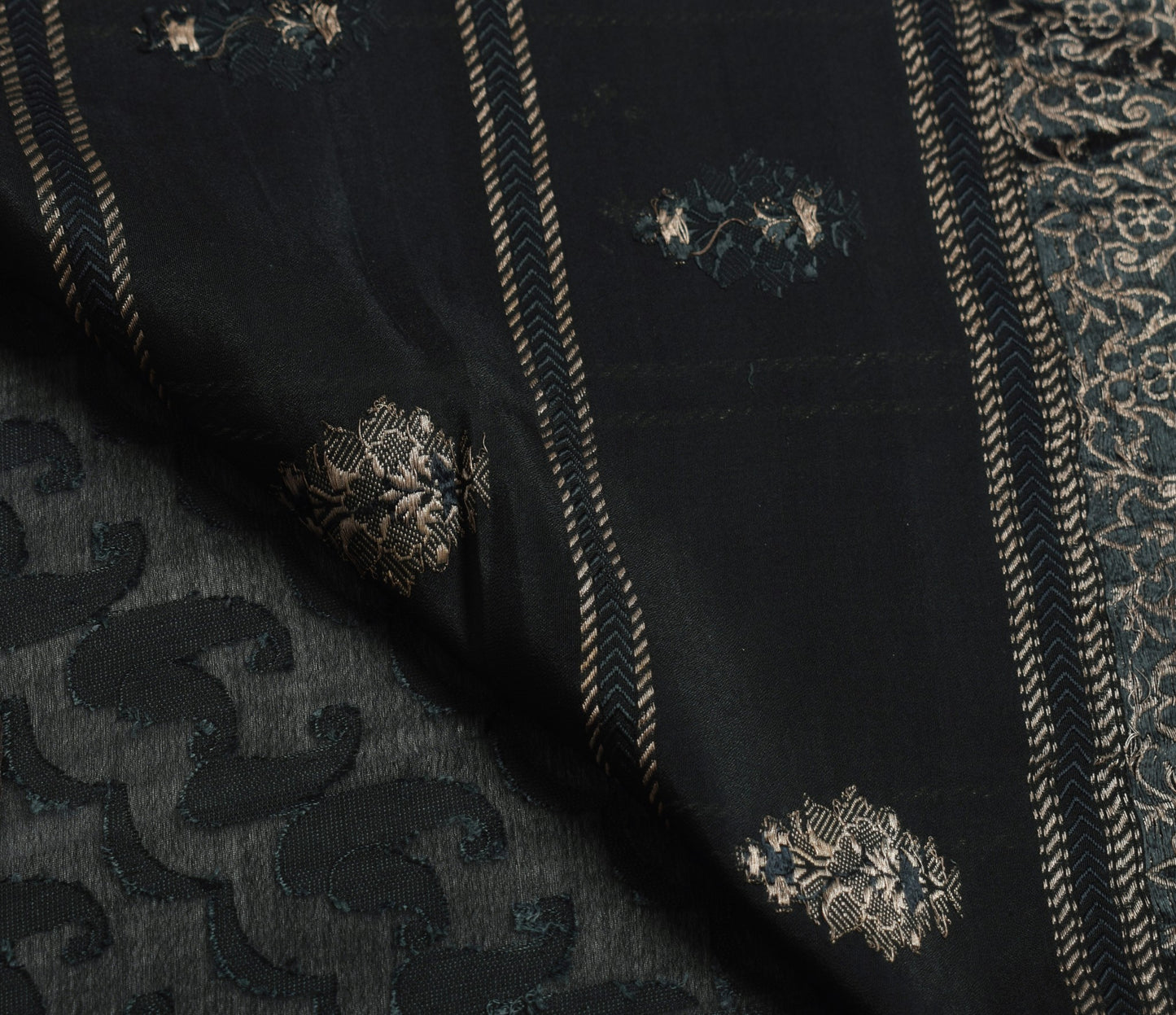 Sushila Vintage Black Saree 100%Pure Silk All Over Woven Floral Soft Sari Fabric