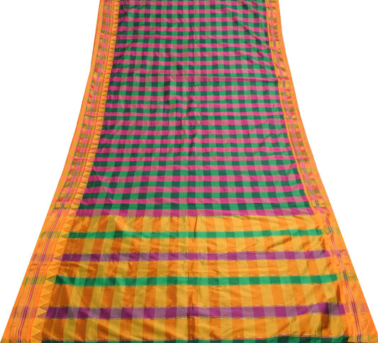 Sushila Vintage Kanchipuram Art Silk Saree Multi-Color Checks Woven Sari Fabric