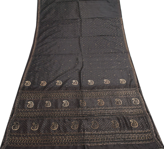 Sushila Vintage Black Saree 100% Pure Silk Hand Beaded Zardozi Soft Sari Fabric