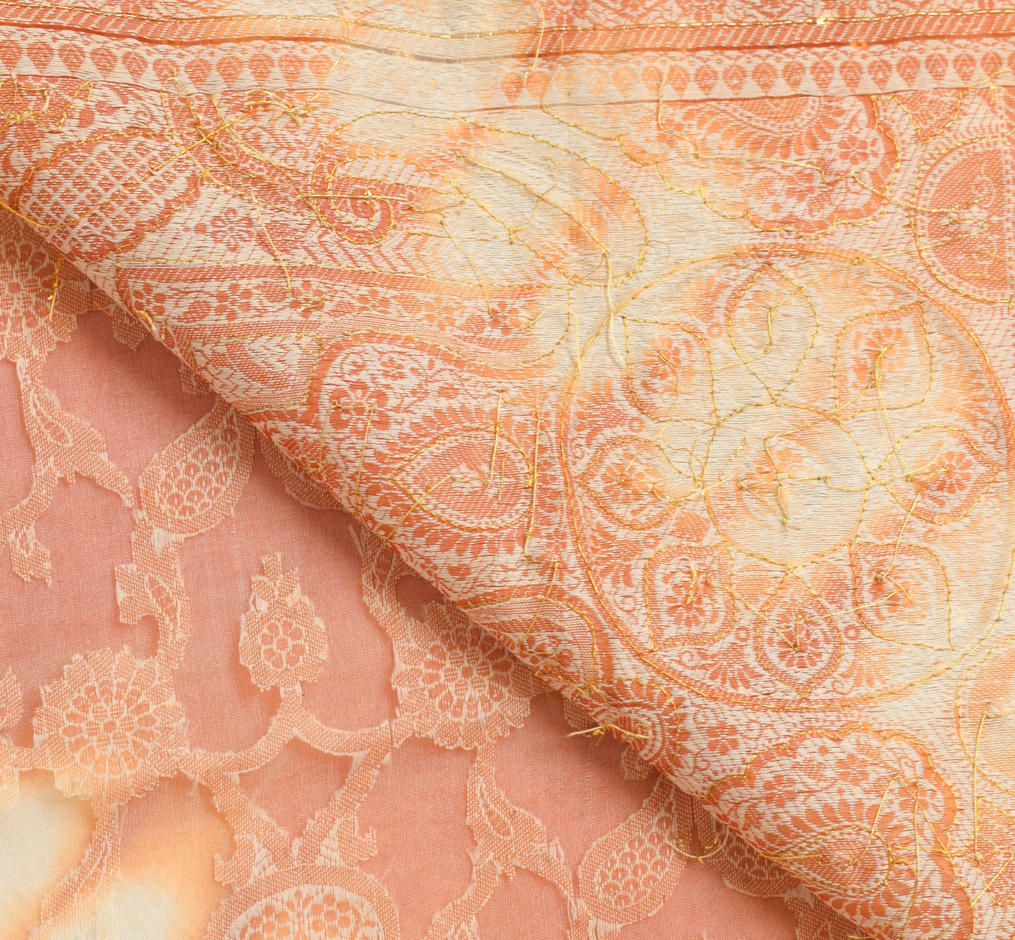 Sushila Vintage Rust Saree Pure Organza Silk Glass Beads Embellish Sari Fabric
