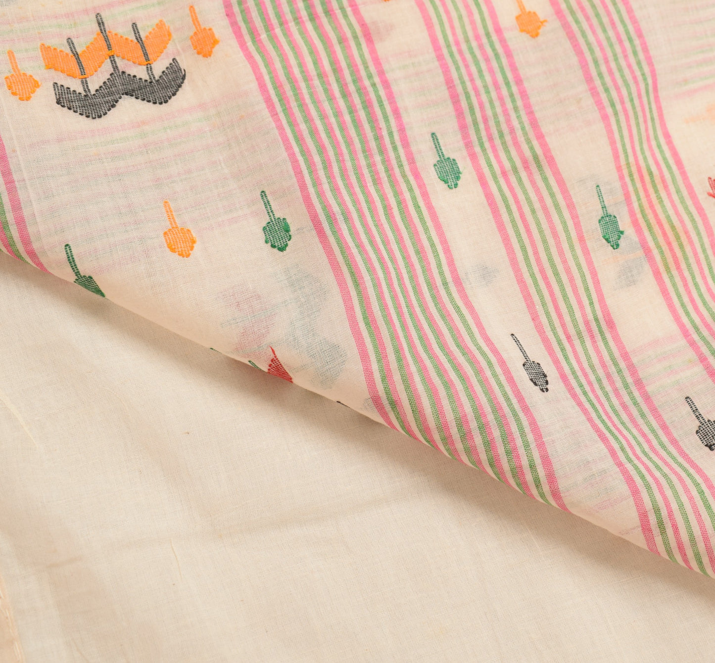 Sushila Vintage Cream Saree 100% Pure Cotton Bengal Tant Woven 5 YD Sari Fabric