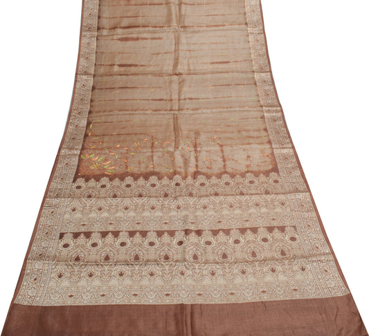 Sushila Vintage Pure Tussar Silk Saree Woven & Embroidered Brown 5YD Sari Fabric