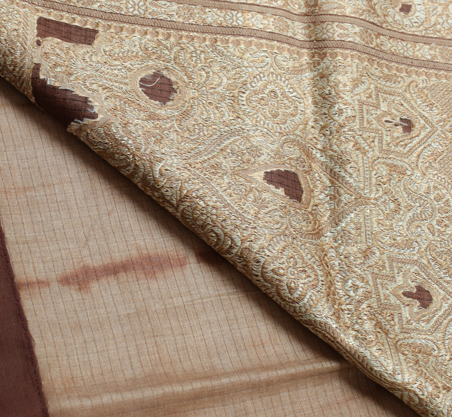 Sushila Vintage Pure Tussar Silk Saree Woven & Embroidered Brown 5YD Sari Fabric