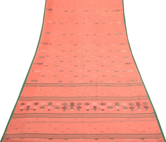 Sushila Vintage Salmon Bengal Saree 100% Pure Cotton Tant Woven Soft Sari Fabric
