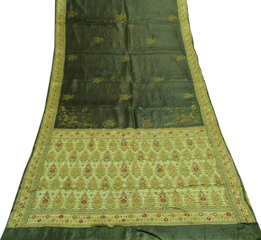 Sushila Vintage Dark Green Saree Woven Embroidered Pure Tussar Silk Sari Fabric