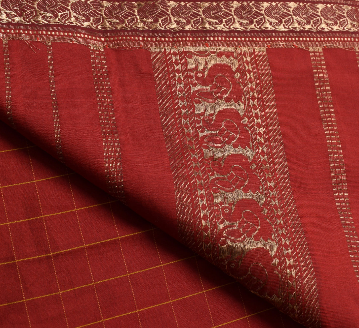 Sushila Vintage Red Saree With Gold Peacock Zari Broder Art Silk Sari Fabric