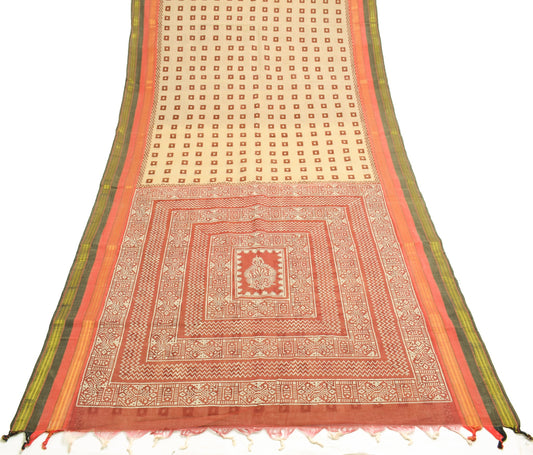 Sushila Vintage Cream Saree Pure Cotton Hand Block Printed & Woven Sari Fabric