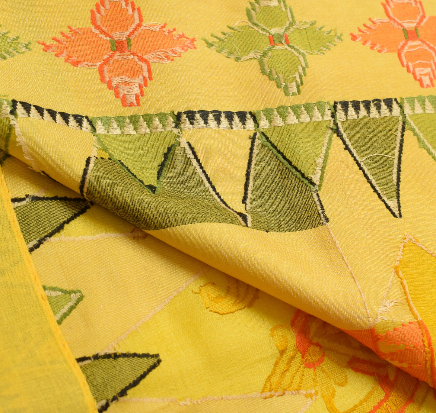 Sushila Vintage Yellow Geometrical Saree 100% Pure Tussar Silk Woven Sari Fabric