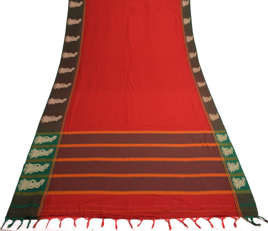 Sushila Vintage Baluchari Woven Saree 100%Pure Cotton Red Soft Sari Craft Fabric