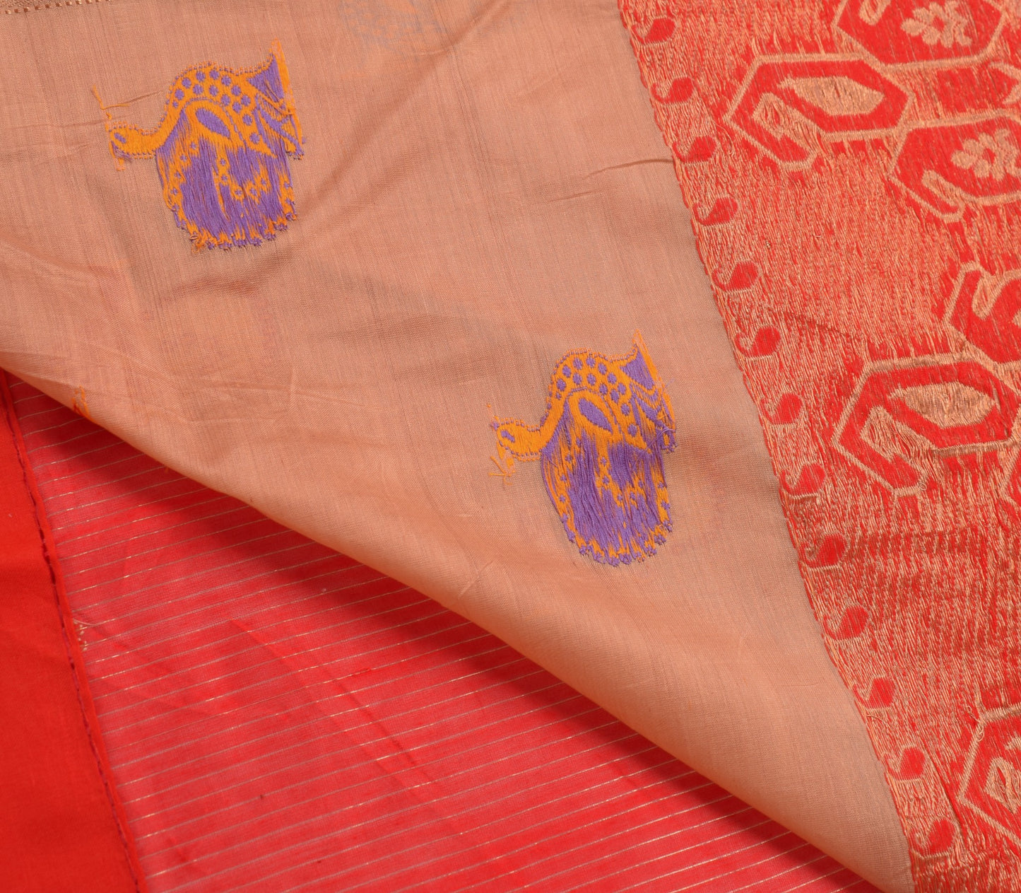 Sushila Vintage Red Traditional Saree Pure Cotton Peacock Woven Sari CraftFabric