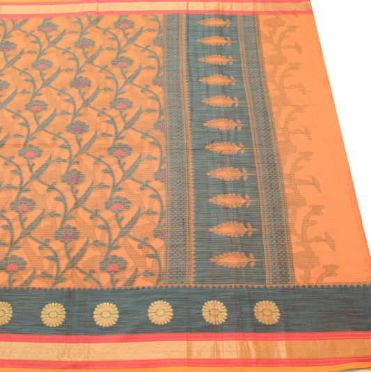 Sushila Vintage Orange Saree 100%Pure Cotton Floral Woven Kota Doria Sari Fabric