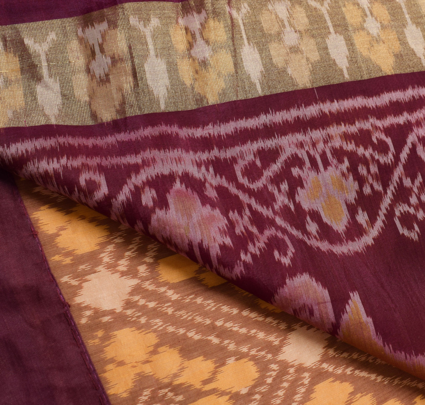 Sushila Vintage Hand Woven Ikat Patola Sari Pure Cotton Saree Brown Craft Fabric