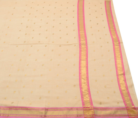 Sushila Vintage Beige Zari Woven Saree with Pink Border Pure Cotton Sari Fabric